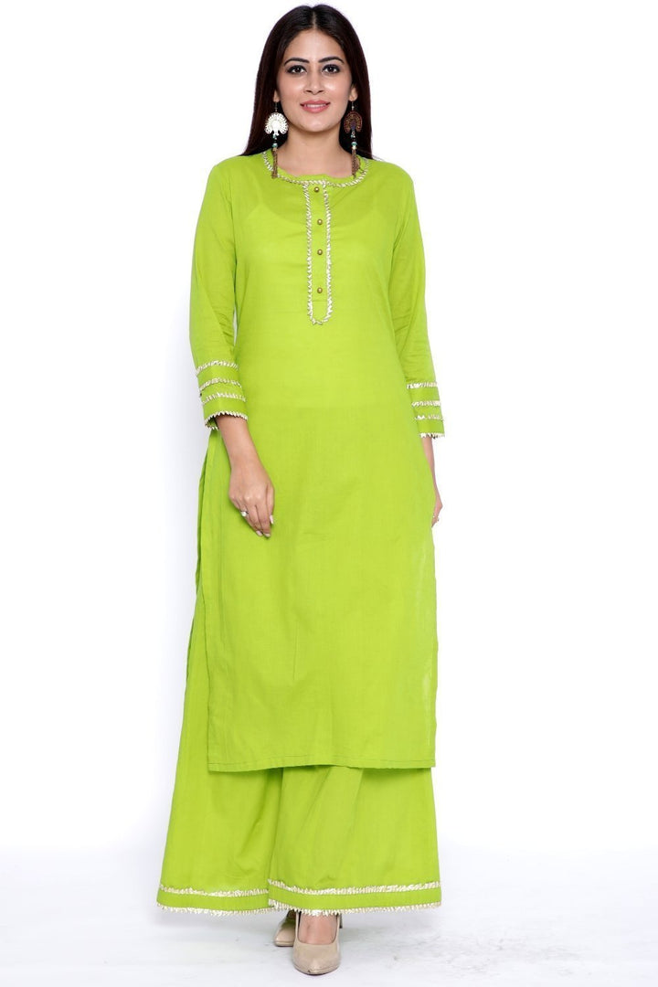 anokherang Combos Green Gota Work Kurti with Flared Palazzo and Mustard Organza Dupatta