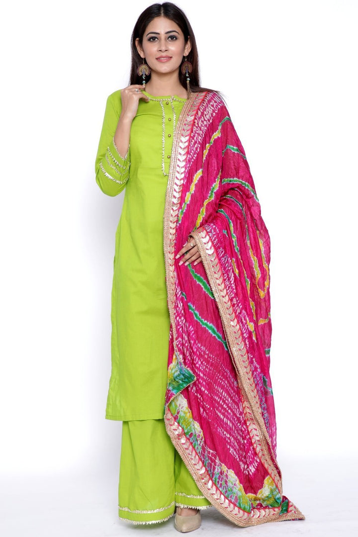 anokherang Combos Green Gota Work Kurti with Flared Palazzo and Pink Tie & Dye Dupatta