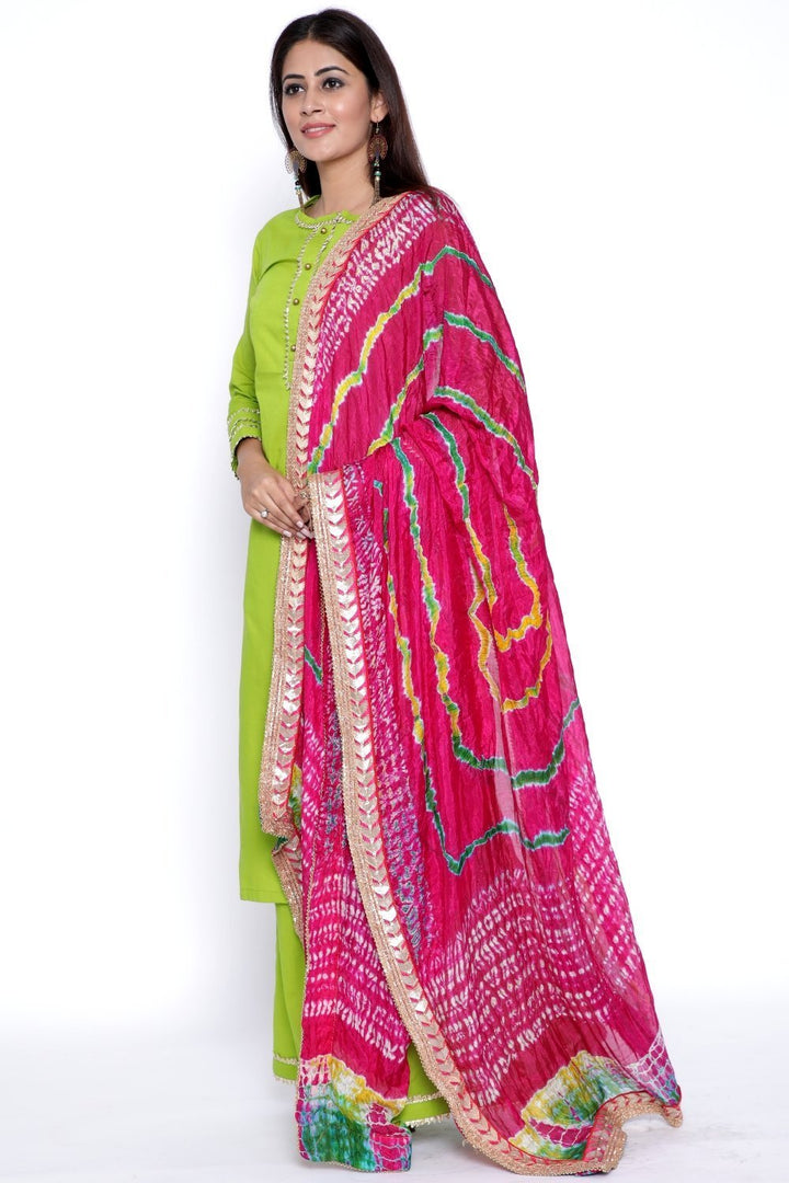 anokherang Combos Green Gota Work Kurti with Flared Palazzo and Pink Tie & Dye Dupatta