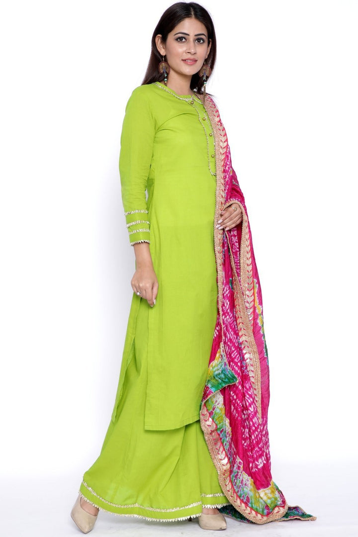 anokherang Combos Green Gota Work Kurti with Flared Palazzo and Pink Tie & Dye Dupatta