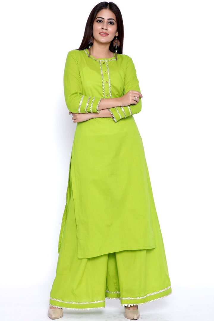 anokherang Combos Green Gota Work Kurti with Flared Palazzo and Pink Tie & Dye Dupatta