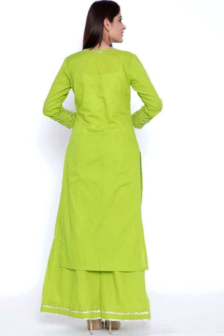 anokherang Combos Green Gota Work Kurti with Flared Palazzo and Pink Tie & Dye Dupatta
