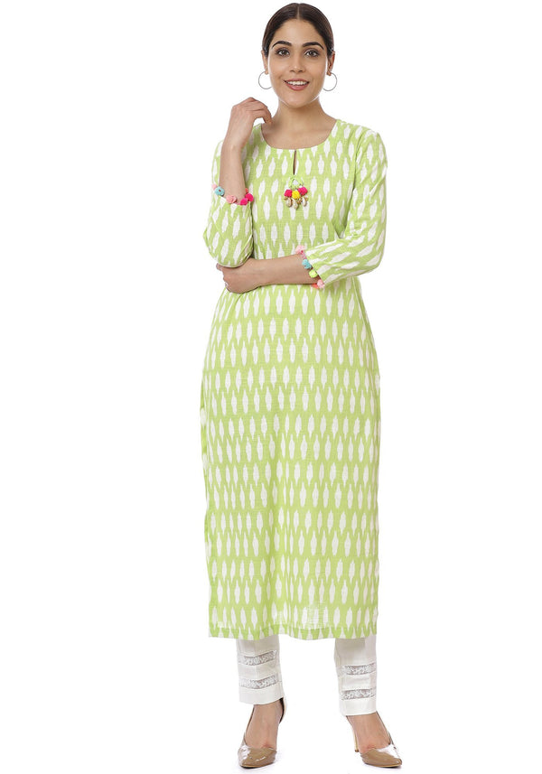 Green Ikkat Kurti with Off-White Crochet Pants
