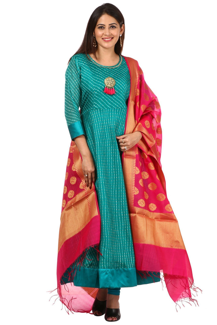 anokherang Combos Green Kota Floor Length Kurti and Leggings with Pink Chanderi Banarsi Dupatta