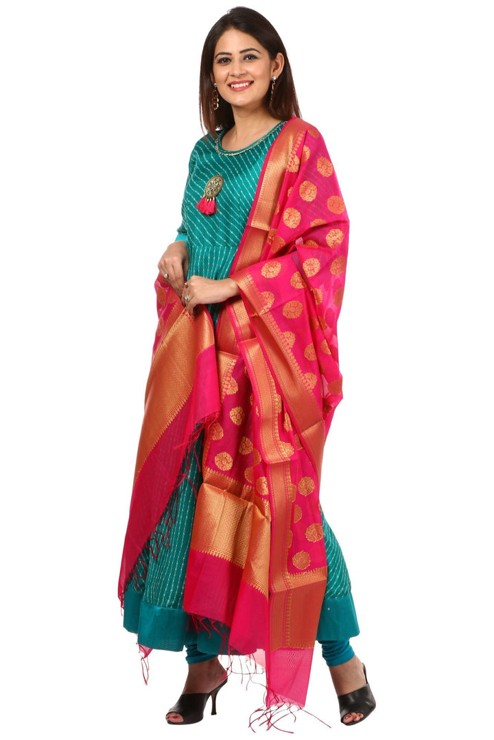 anokherang Combos Green Kota Floor Length Kurti and Leggings with Pink Chanderi Banarsi Dupatta