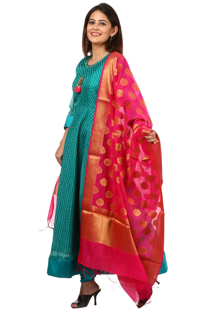 anokherang Combos Green Kota Floor Length Kurti and Leggings with Pink Chanderi Banarsi Dupatta