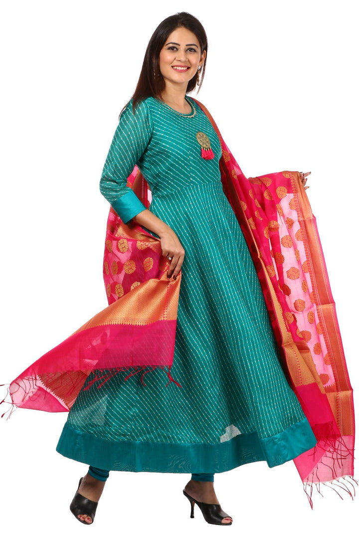 anokherang Combos Green Kota Floor Length Kurti and Leggings with Pink Chanderi Banarsi Dupatta