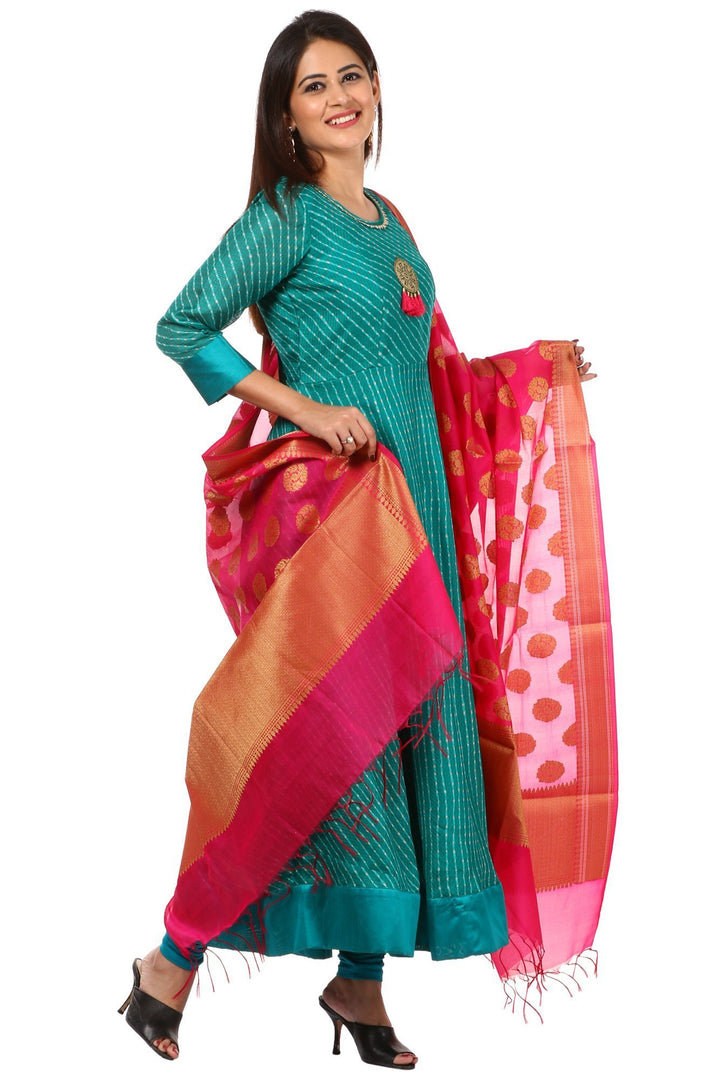 anokherang Combos Green Kota Floor Length Kurti and Leggings with Pink Chanderi Banarsi Dupatta