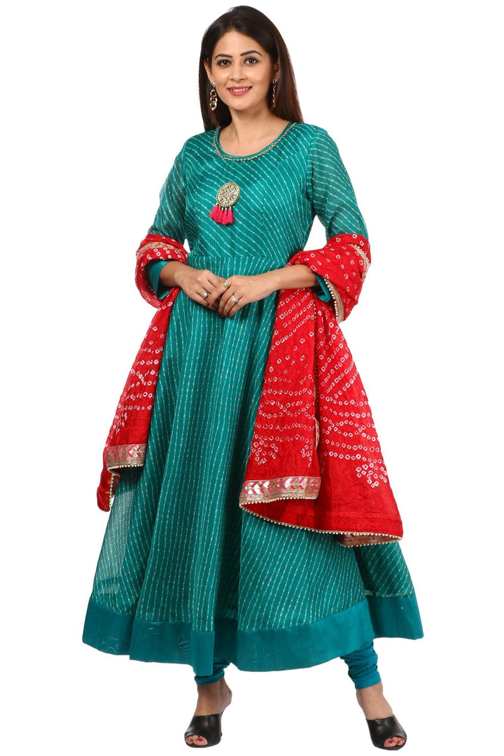 anokherang Combos Green Kota Floor Length Kurti and Leggings with Red Bandhini Dupatta