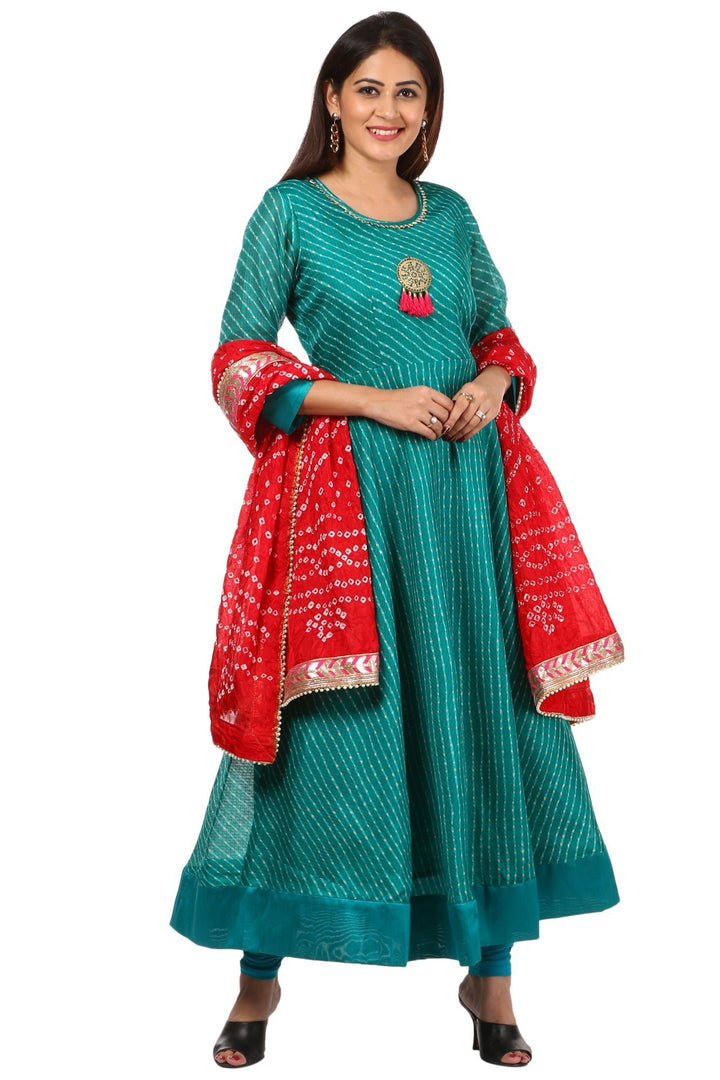 anokherang Combos Green Kota Floor Length Kurti and Leggings with Red Bandhini Dupatta