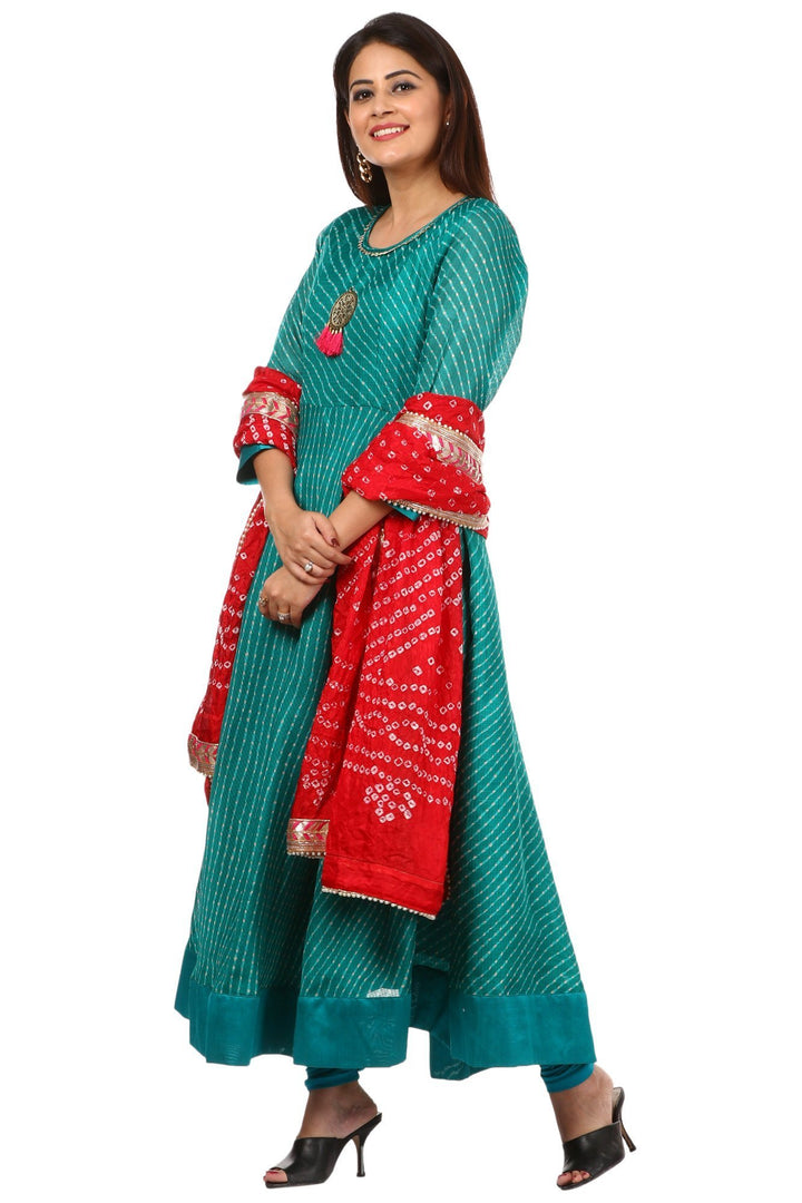 anokherang Combos Green Kota Floor Length Kurti and Leggings with Red Bandhini Dupatta