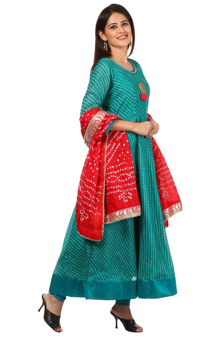 anokherang Combos Green Kota Floor Length Kurti and Leggings with Red Bandhini Dupatta