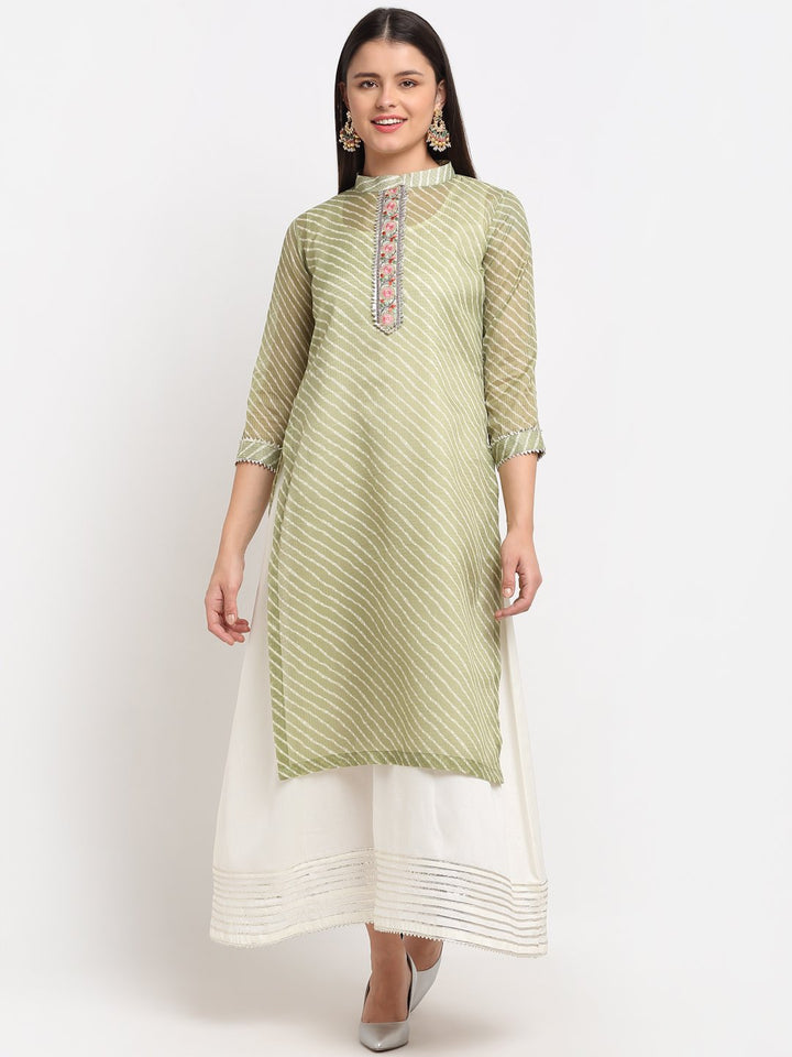anokherang Combos Green Kota Leheriya Layered Floor Length Kurti
