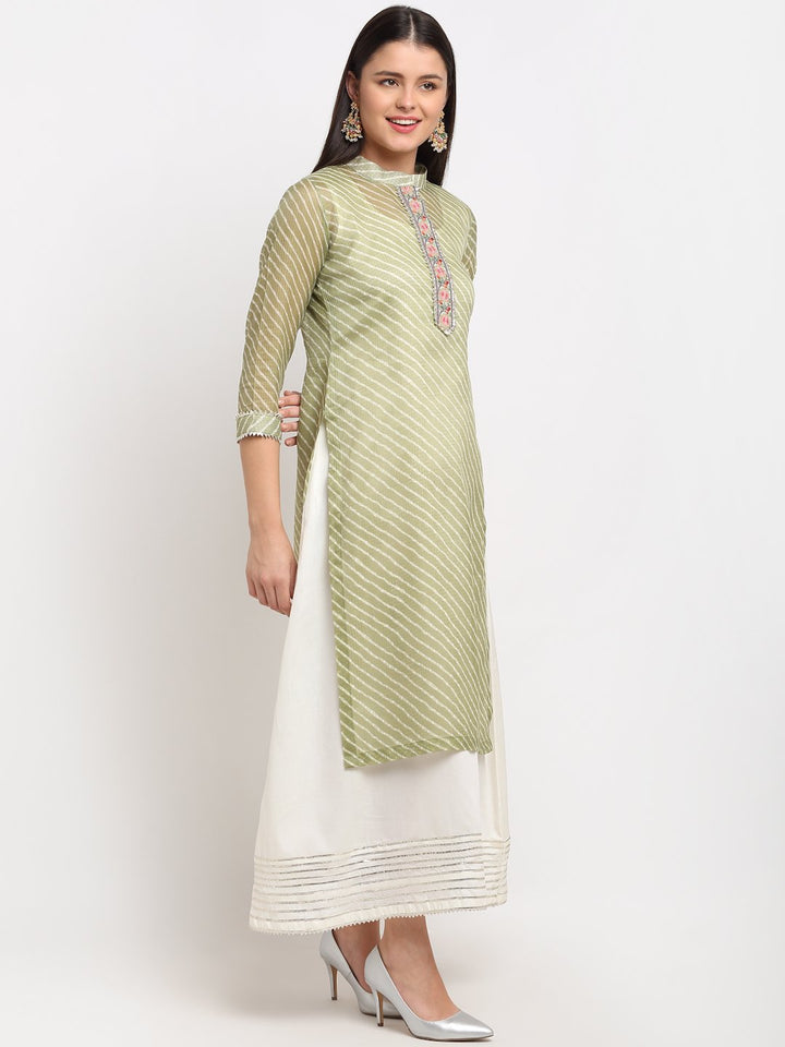 anokherang Combos Green Kota Leheriya Layered Floor Length Kurti