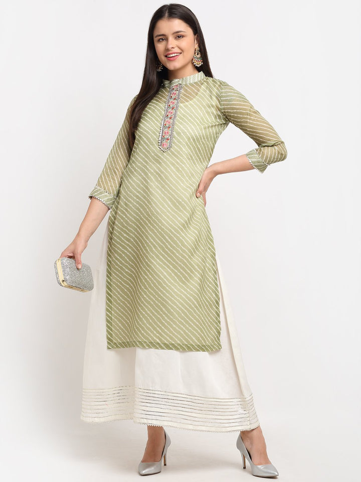 anokherang Combos Green Kota Leheriya Layered Floor Length Kurti