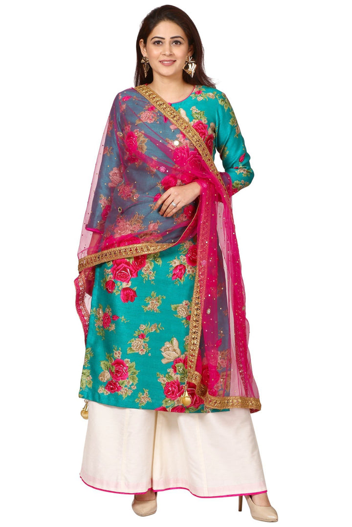 anokherang Combos Green Magenta Floral Kurti and White Cotton Silk Kalidar Palazzo with Hot Carrot Pink Mirror and Stone Net Dupatta