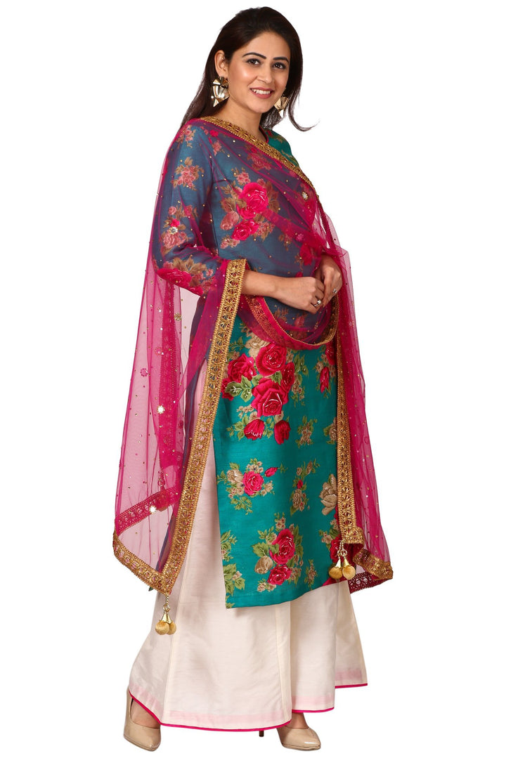 anokherang Combos Green Magenta Floral Kurti and White Cotton Silk Kalidar Palazzo with Hot Carrot Pink Mirror and Stone Net Dupatta