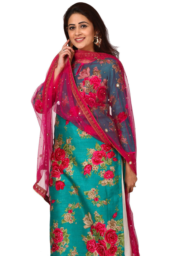 anokherang Combos Green Magenta Floral Kurti and White Cotton Silk Kalidar Palazzo with Hot Carrot Pink Mirror and Stone Net Dupatta