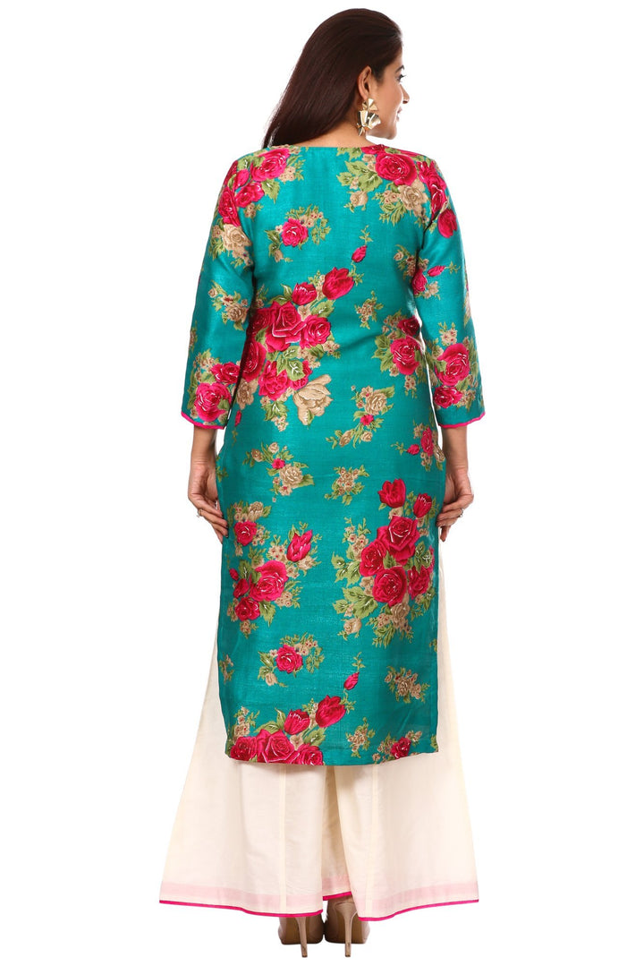 anokherang Combos Green Magenta Floral Kurti and White Cotton Silk Kalidar Palazzo with Off-White Net Sequenced Dupatta with Hot Pink Border