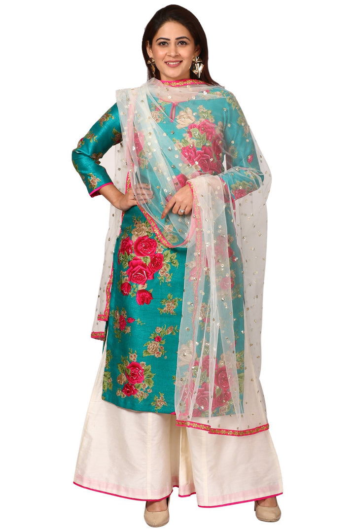 anokherang Combos Green Magenta Floral Kurti and White Cotton Silk Kalidar Palazzo with Off-White Net Sequenced Dupatta with Hot Pink Border