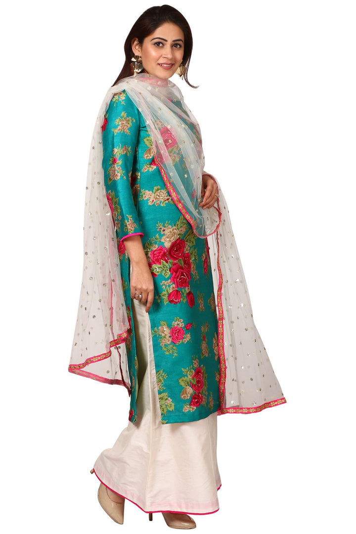 anokherang Combos Green Magenta Floral Kurti and White Cotton Silk Kalidar Palazzo with Off-White Net Sequenced Dupatta with Hot Pink Border