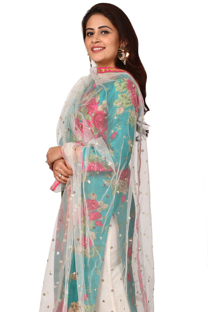 anokherang Combos Green Magenta Floral Kurti and White Cotton Silk Kalidar Palazzo with Off-White Net Sequenced Dupatta with Hot Pink Border