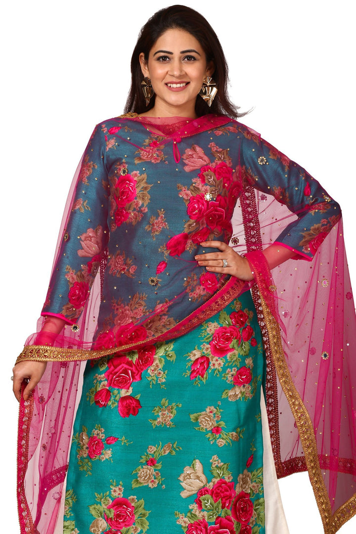 anokherang Combos Green Magenta Floral Kurti and White Leggings with Hot Carrot Pink Mirror and Stone Net Dupatta