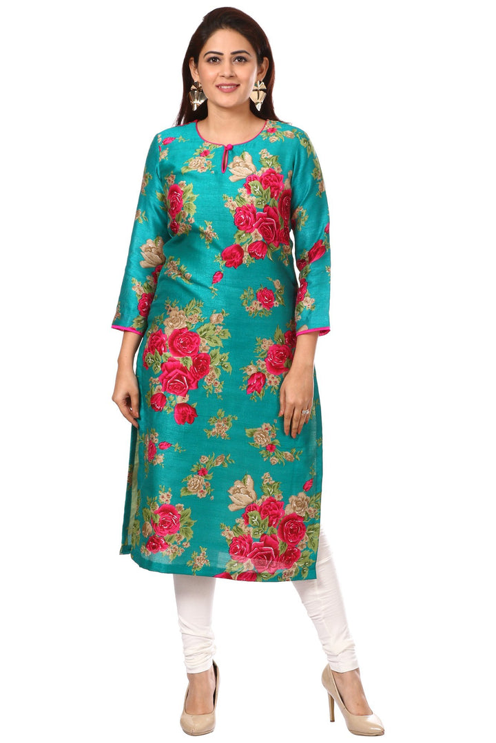 anokherang Combos Green Magenta Floral Kurti and White Leggings with Hot Carrot Pink Mirror and Stone Net Dupatta