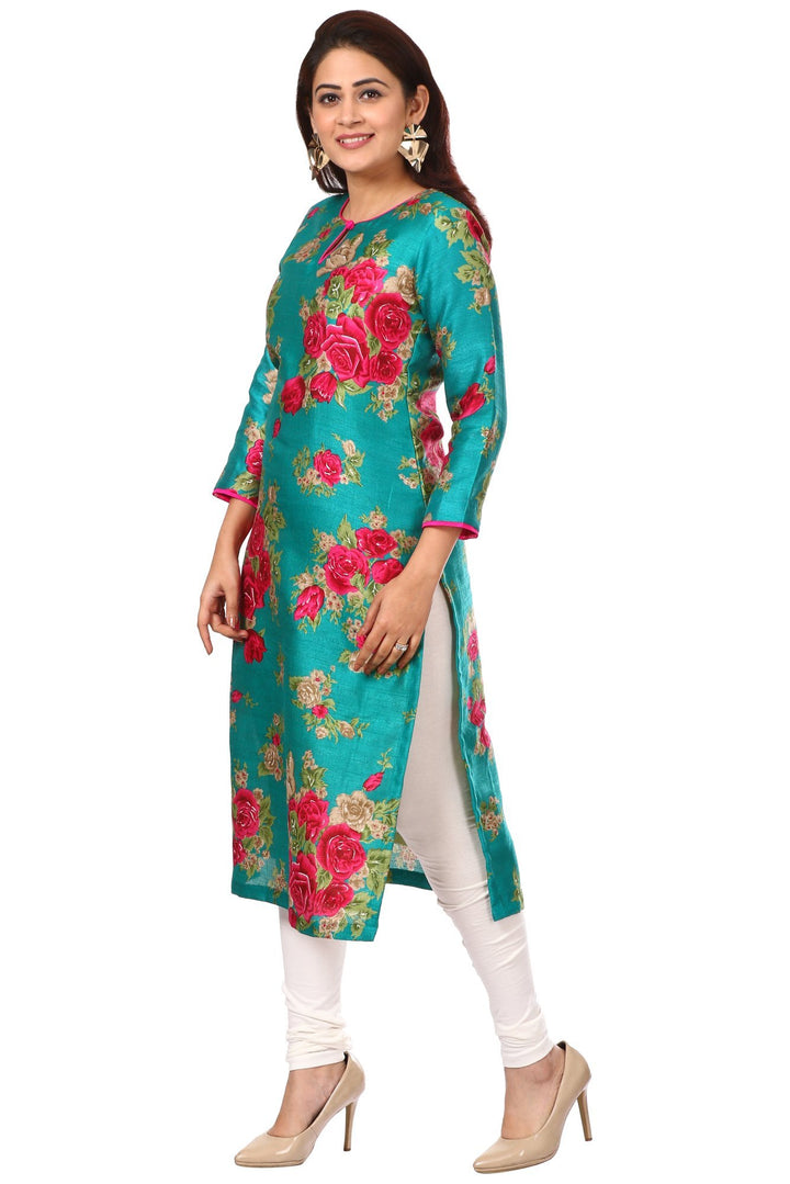 anokherang Combos Green Magenta Floral Kurti and White Leggings with Hot Carrot Pink Mirror and Stone Net Dupatta