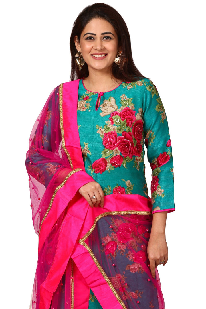 anokherang Combos Green Magenta Floral Kurti and White Leggings with Hot Pink Pearls Net Dupatta