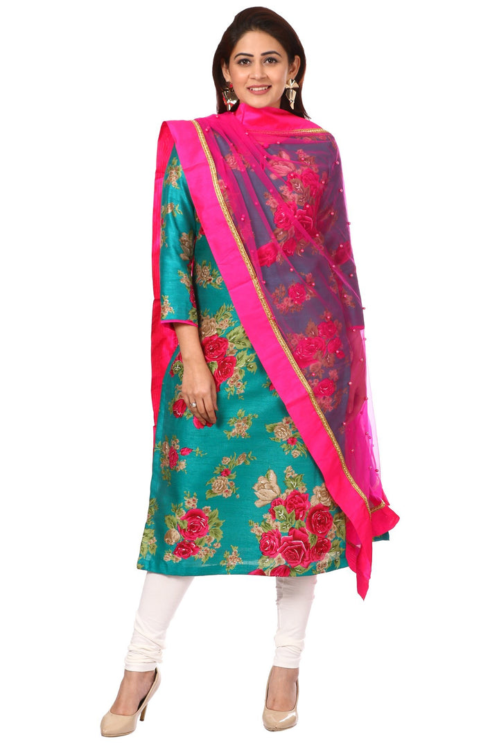 anokherang Combos Green Magenta Floral Kurti and White Leggings with Hot Pink Pearls Net Dupatta
