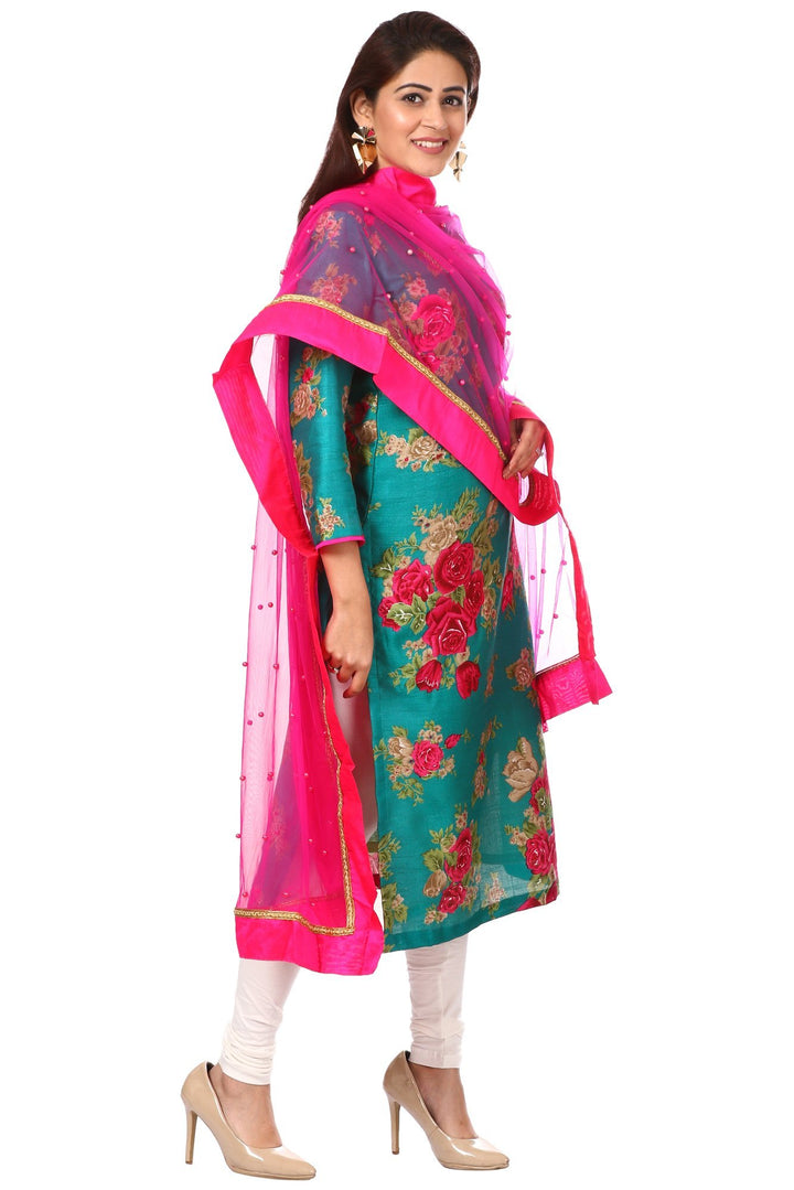 anokherang Combos Green Magenta Floral Kurti and White Leggings with Hot Pink Pearls Net Dupatta