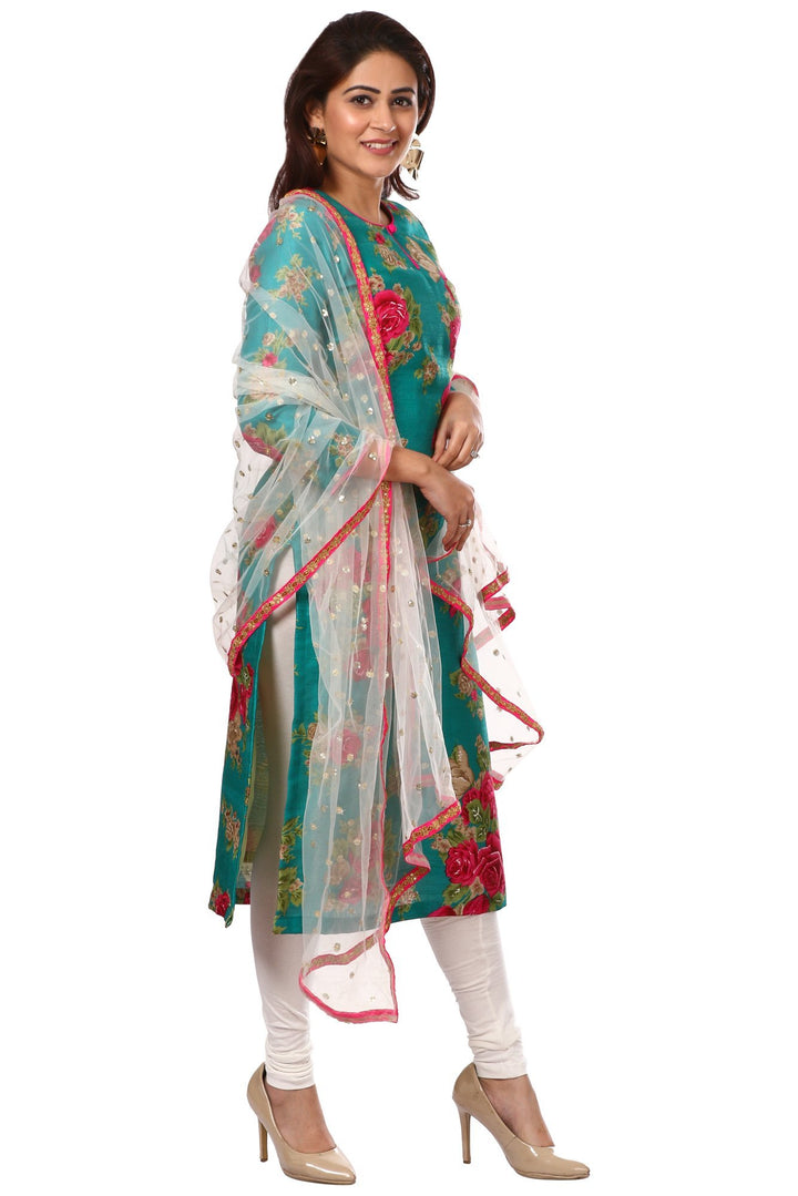 anokherang Combos Green Magenta Floral Kurti and White Leggings with Off-White Net Sequenced Dupatta with Hot Pink Border