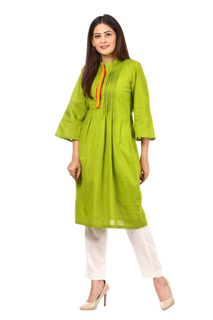 anokherang Combos Green Pintucked Knee-Length Kurti with Straight Pants