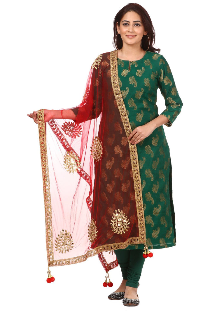 anokherang Combos Green Royal Paisley Kurti with Leggings and Maroon Paisley Dupatta