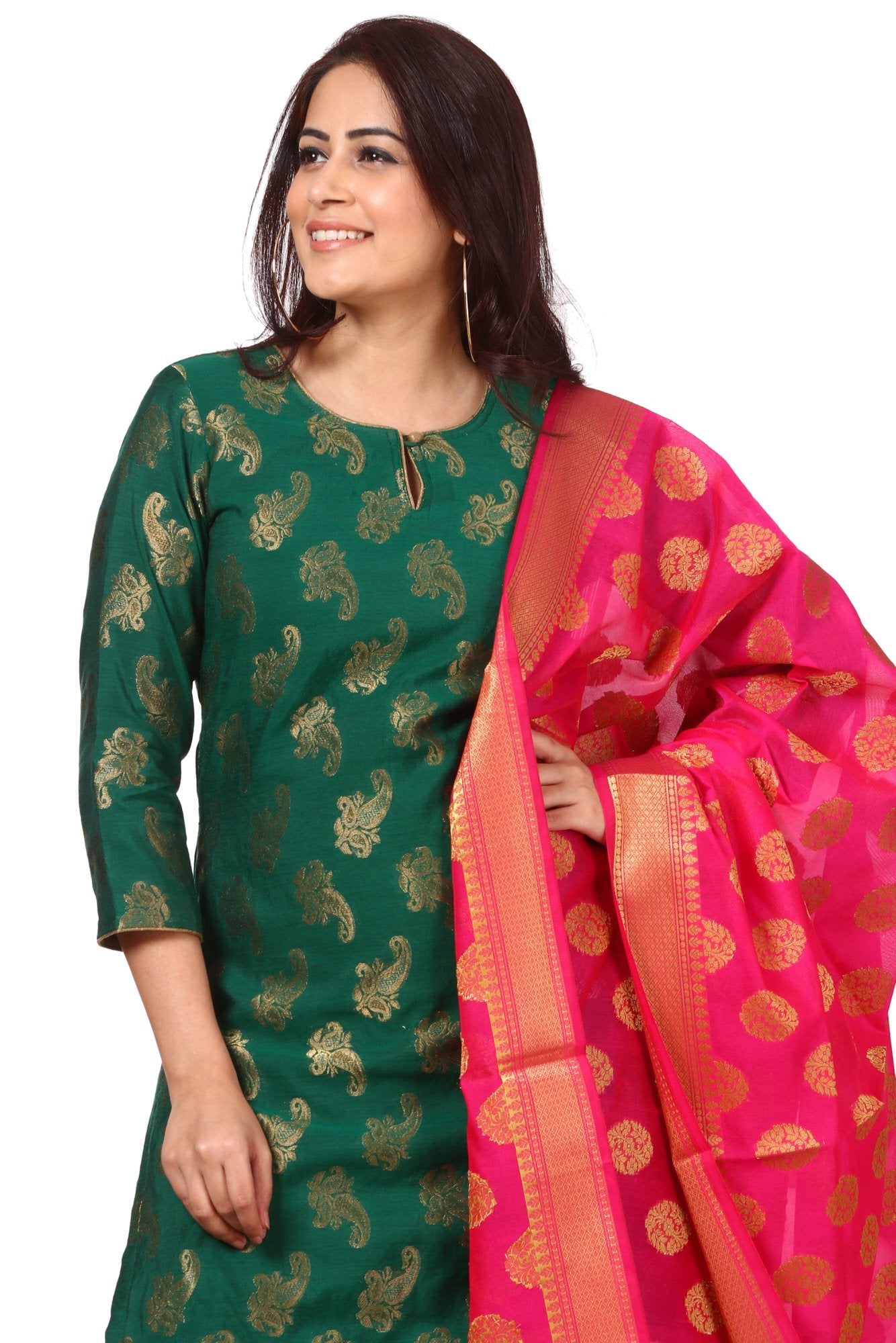 Green Royal Paisley Kurti with Leggings and Pink Chanderi Banarsi dupa