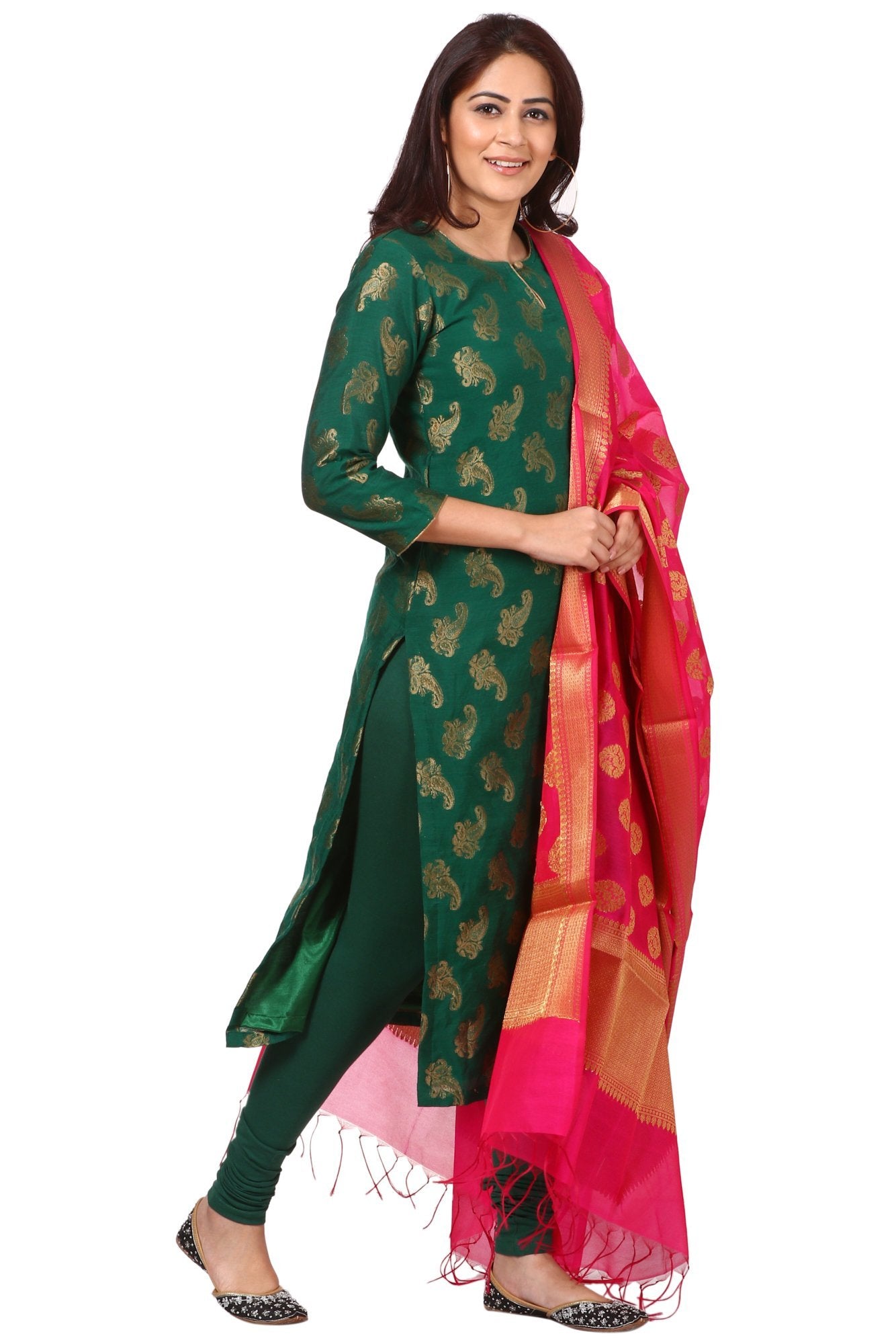 Green Royal Paisley Kurti with Leggings and Pink Chanderi Banarsi dupa