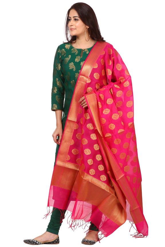Green Royal Paisley Kurti with Leggings and Pink Chanderi Banarsi dupa