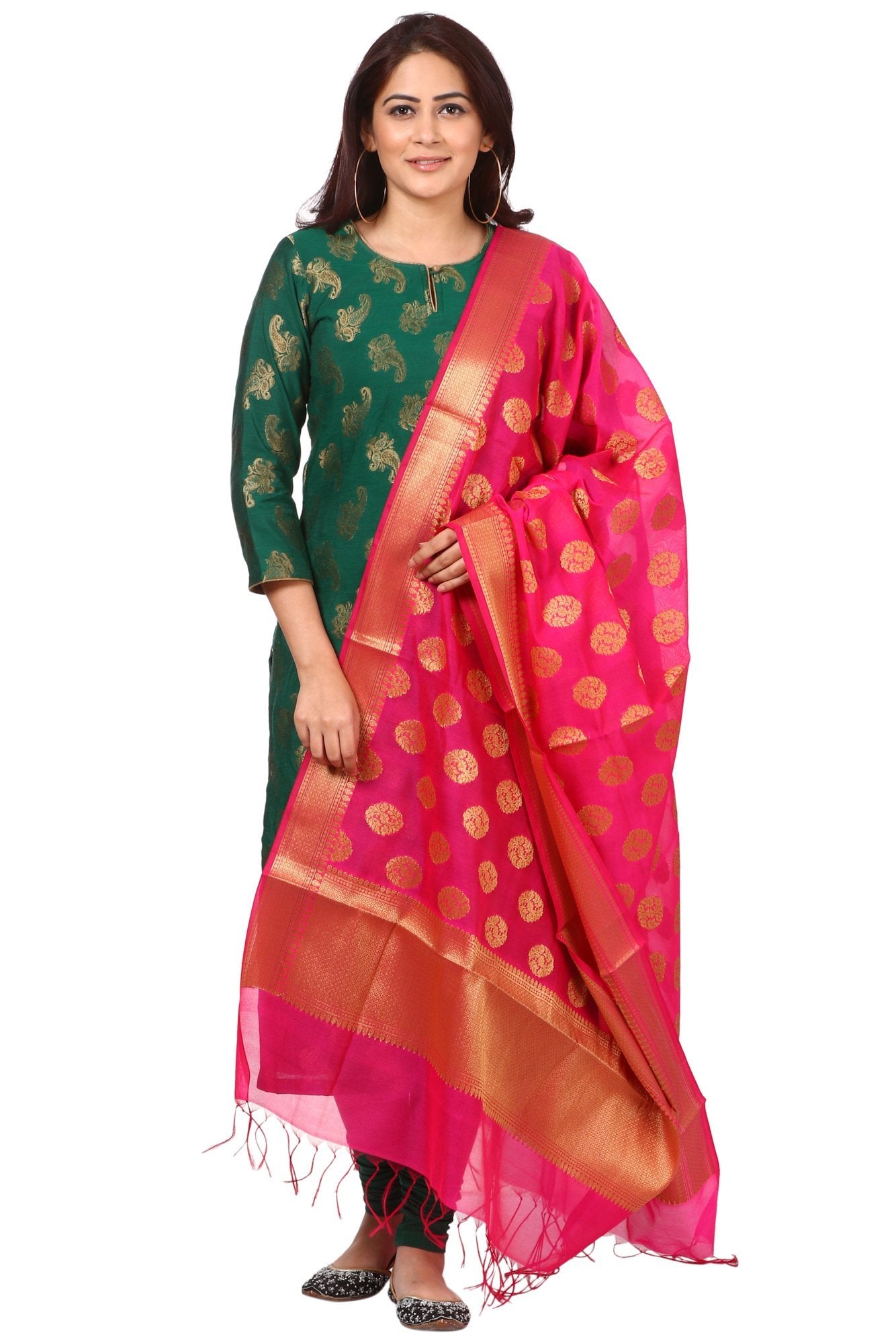 Green Royal Paisley Kurti with Leggings and Pink Chanderi Banarsi dupa