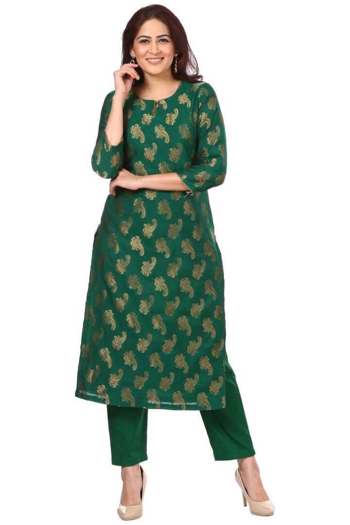 anokherang Combos Green Royal Paisley Kurti with Straight Pants