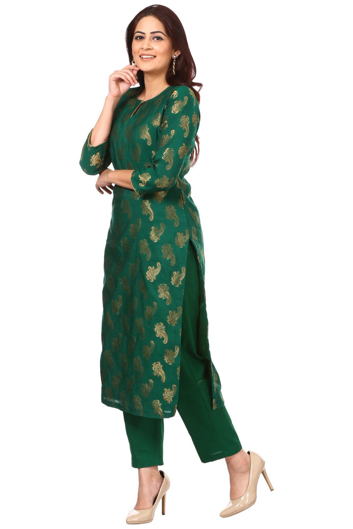 anokherang Combos Green Royal Paisley Kurti with Straight Pants
