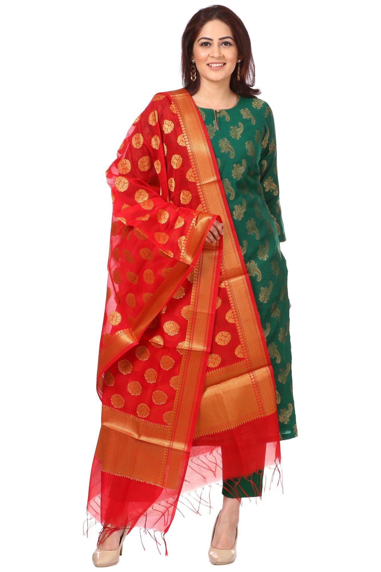 Green Royal Paisley Kurti with Straight Pants and Red Banarsi Dupatta