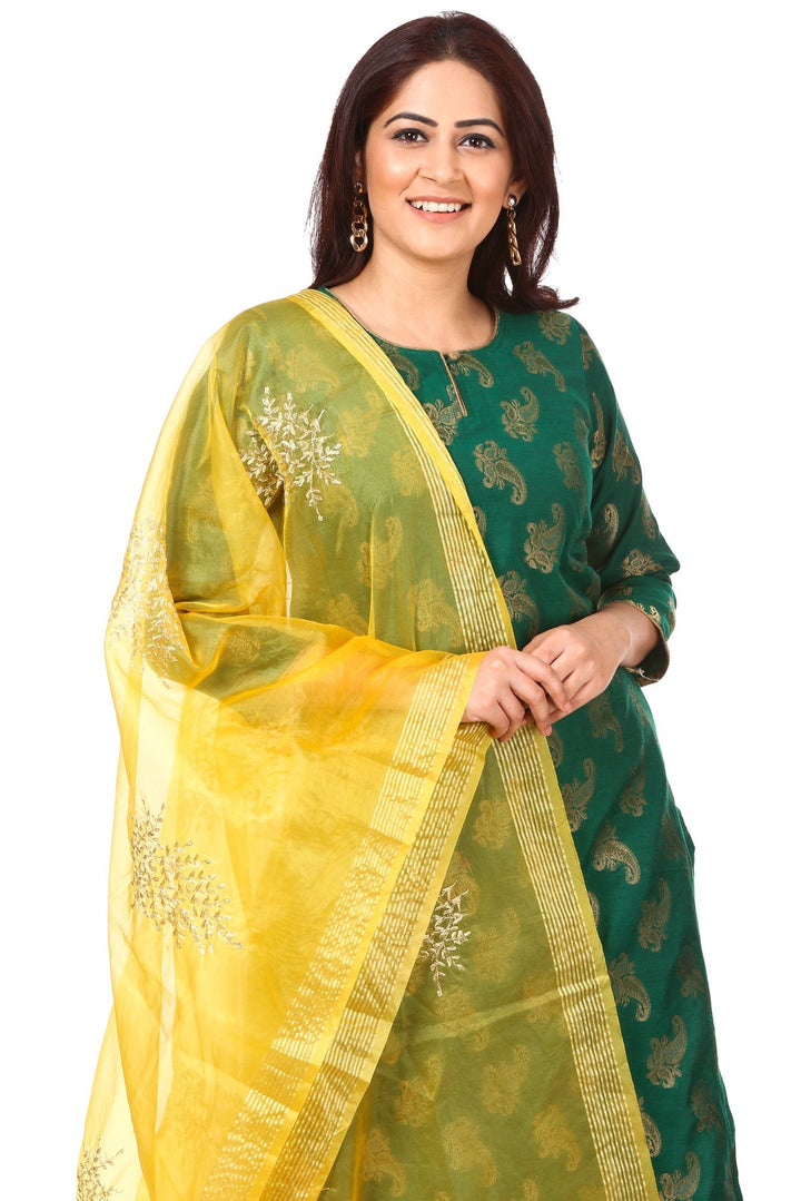anokherang Combos Green Royal Paisley Kurti with Straight Pants and Yellow Festive Dupatta