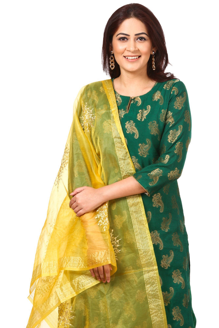 anokherang Combos Green Royal Paisley Kurti with Straight Pants and Yellow Festive Dupatta