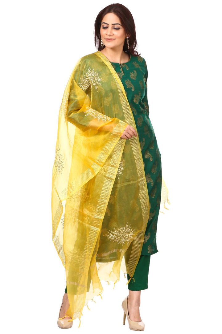 anokherang Combos Green Royal Paisley Kurti with Straight Pants and Yellow Festive Dupatta