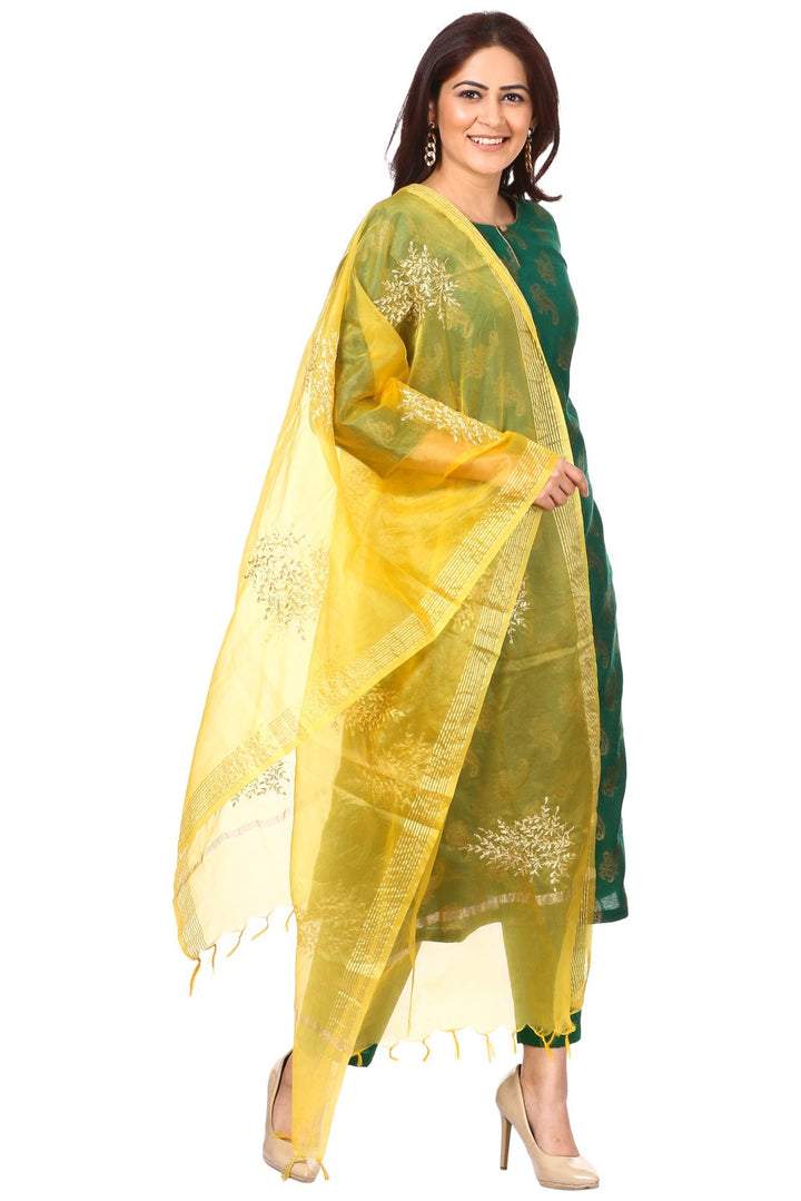anokherang Combos Green Royal Paisley Kurti with Straight Pants and Yellow Festive Dupatta