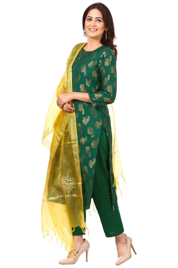 anokherang Combos Green Royal Paisley Kurti with Straight Pants and Yellow Festive Dupatta