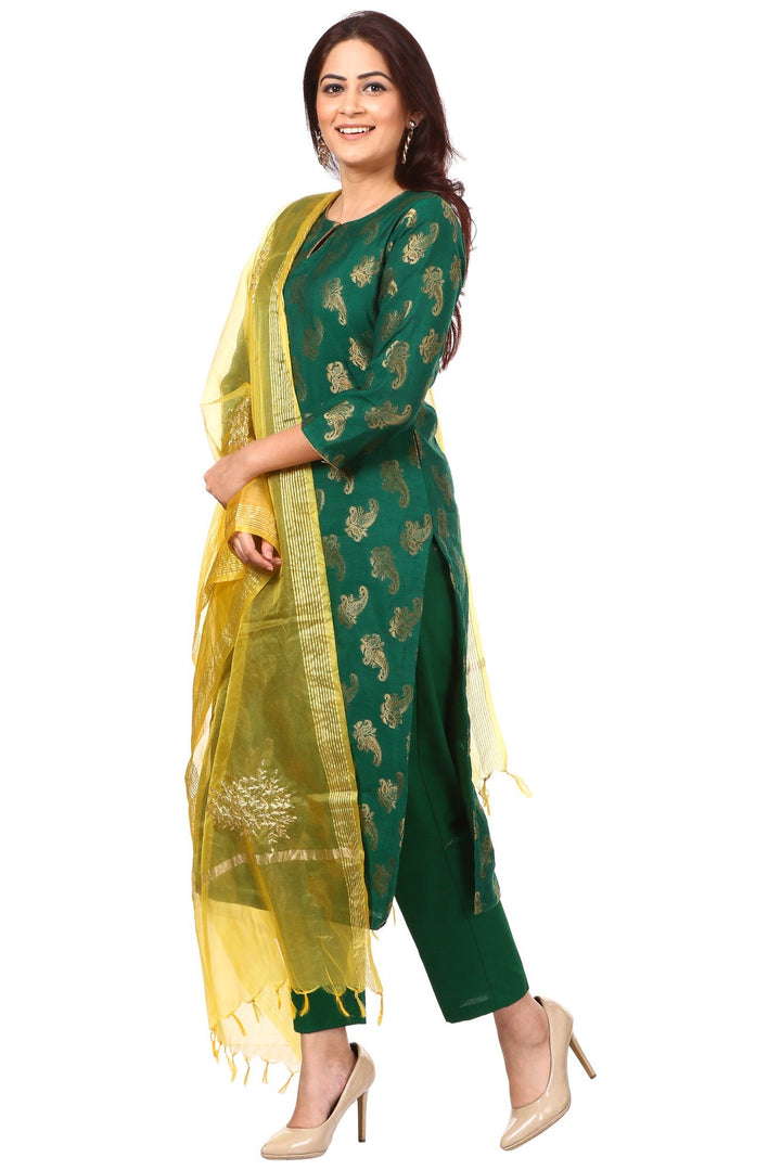 anokherang Combos Green Royal Paisley Kurti with Straight Pants and Yellow Festive Dupatta