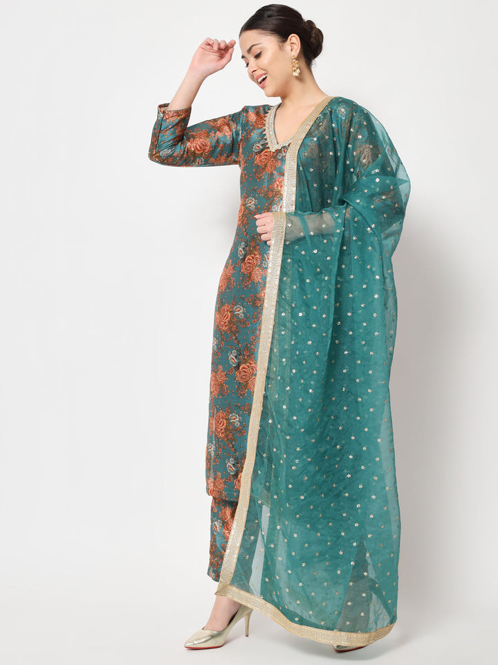 anokherang Combos Green Rust Floral Printed Silk Kurti with Pants and Organza Sequin Dupatta