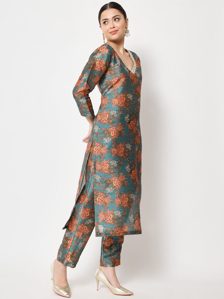 anokherang Combos Green Rust Floral Printed Silk Kurti with Pants and Organza Sequin Dupatta